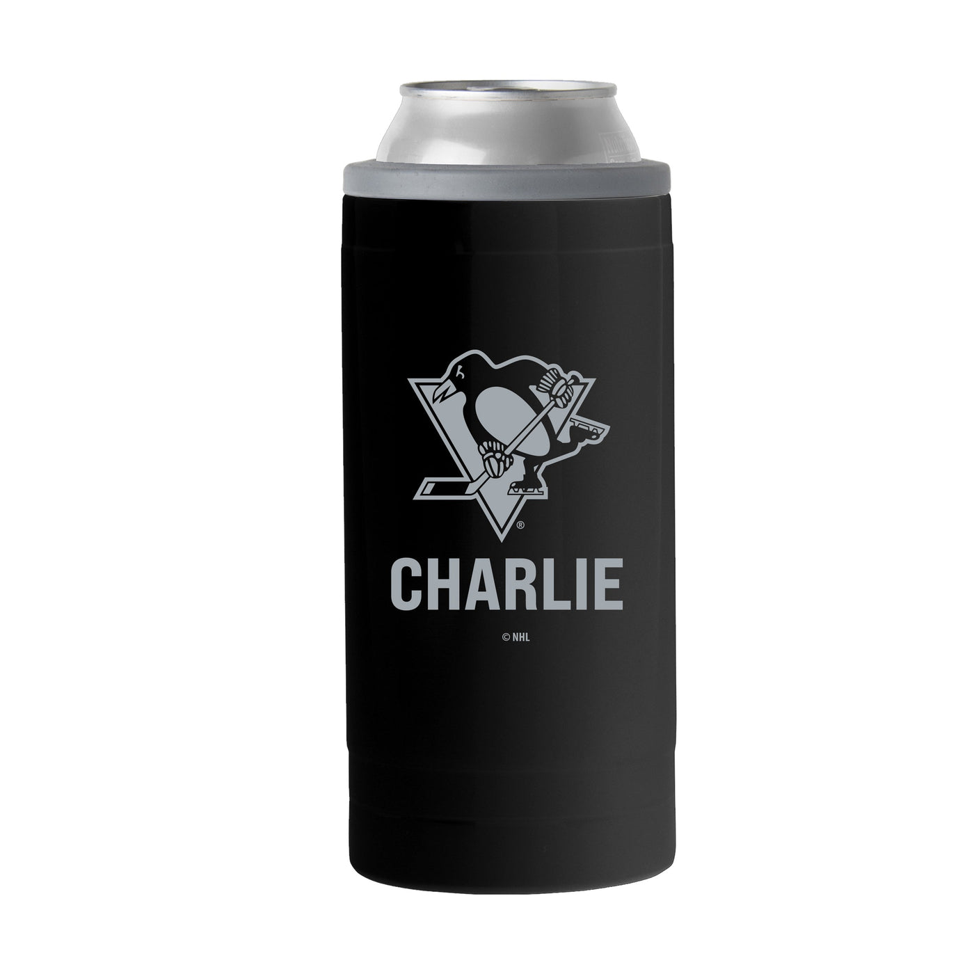 Pittsburgh Pengiuns Personalized 12oz Black slim Can Coolie