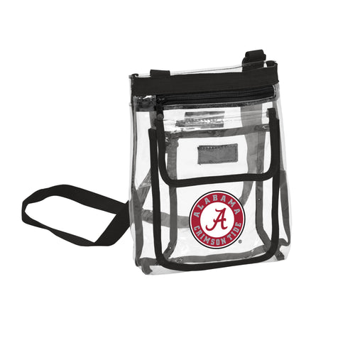 Clear crossbody bag with Alabama Gameday logo, featuring a transparent design and adjustable strap, perfect for game day accessories.