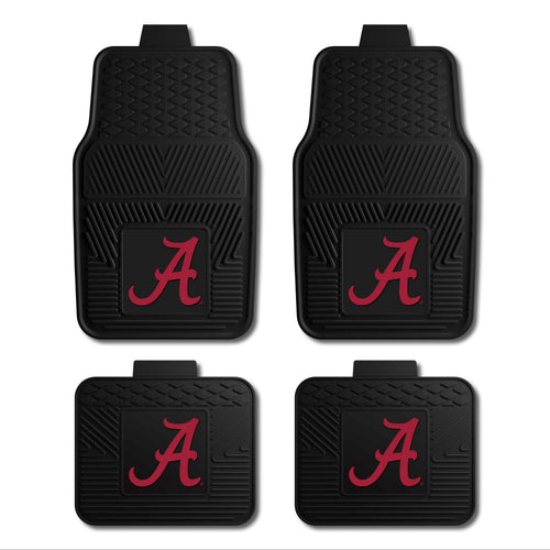 University of Alabama 4-piece vinyl auto mat set by Logo Brands, featuring team logo and black and crimson design for car interior.