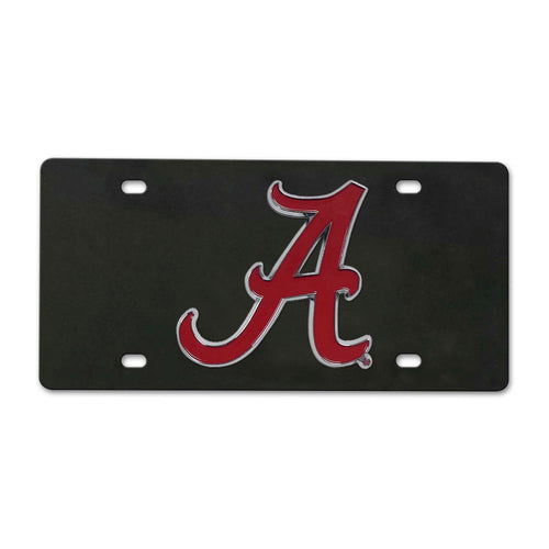 Black diecast University of Alabama license plate with logo branding, featuring team colors and design for vehicle decoration.