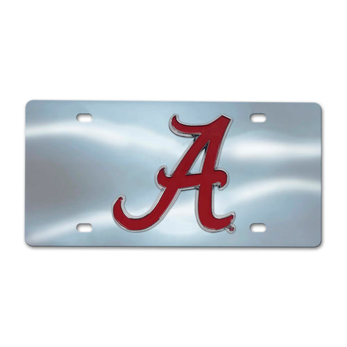 Chrome diecast University of Alabama license plate by Logo Brands with Crimson Tide logo and team name for car decoration.