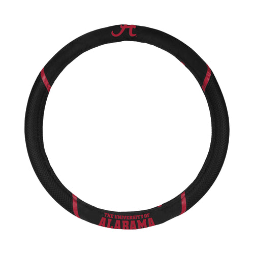 University of Alabama logo steering wheel cover on car steering wheel, auto accessory by Logo Brands, university-themed auto cover.