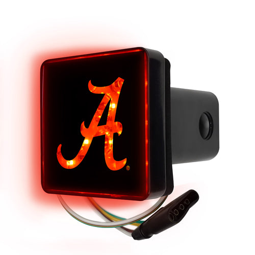 Lighted Alabama University hitch cover by Logo Brands showing the university logo and illuminated design for vehicle trailer hitch.