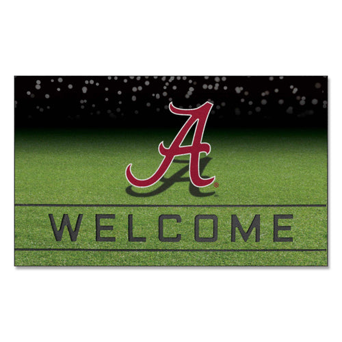 University of Alabama logo crumb rubber door mat featuring the school's emblem and vibrant team colors for indoor or outdoor use.
