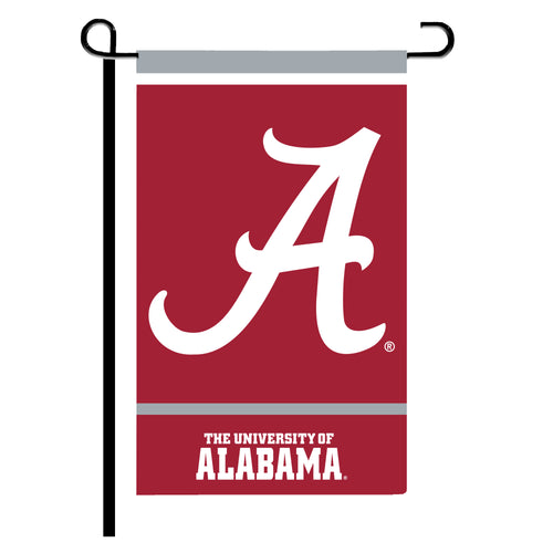 Alabama garden flag measuring 12x18 inches with Alabama state design, made by Logo Brands, displayed outdoors.