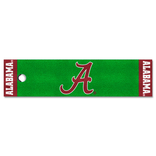 University of Alabama putting green mat by Logo Brands, featuring green turf surface and Alabama logo for golf practice.