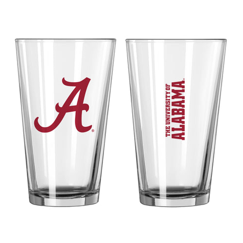 Alabama 16oz Gameday Pint Glass with team logo, clear drinkware for fans and game day celebrations.
