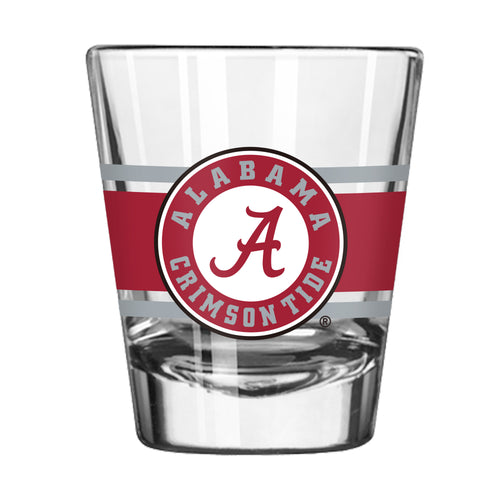 Alabama 2oz stripe shot glass from Logo Brands, clear glass drinkware with Alabama team colors and stripe design.