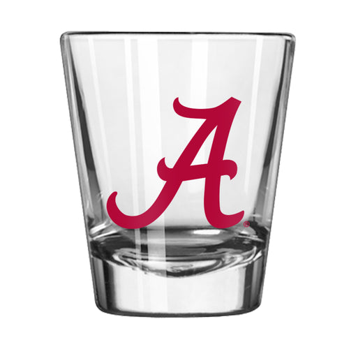 Alabama Gameday 2oz shot glass by Logo Brands, clear drinkware with team logo for college football fans.