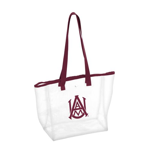 Alabama A&M Stadium clear bag by Logo Brands, transparent plastic bag for sports events, with adjustable shoulder strap and team logo.