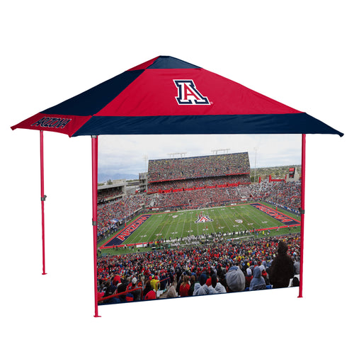 Arizona 12x12 pagoda canopy shelter by Logo Brands, featuring a sturdy metal frame and beige fabric roof for outdoor shade.
