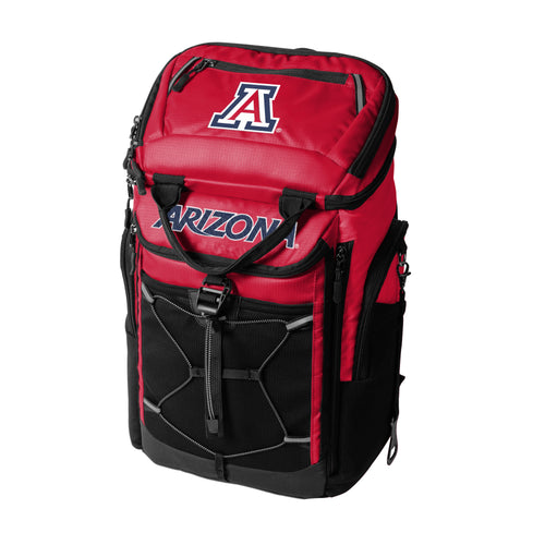 Arizona 26-can backpack cooler by Logo Brands, showing insulated main compartment, adjustable straps, and front pocket for drinks.