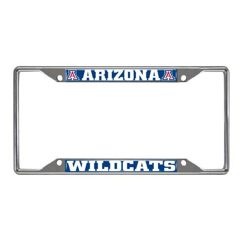 Chrome license plate frame featuring University of Arizona logo and branding, designed to fit standard vehicle license plates.