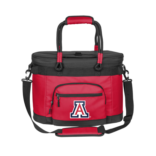 Arizona 35 Can Flex Cooler by Logo Brands, black and gray soft-sided cooler with adjustable strap and multiple compartments.