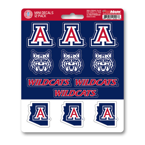 Set of 12 University of Arizona mini decals by Logo Brands, featuring colorful campus logo designs for fans and students.