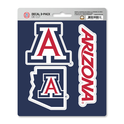 Set of three University of Arizona decals by Logo Brands featuring bold team logos on sticker sheets.