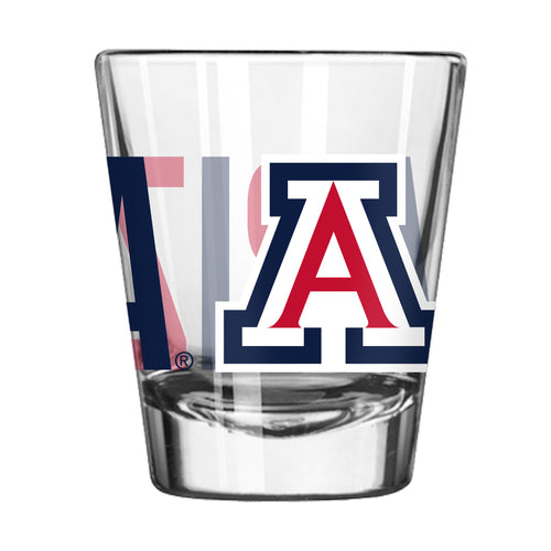 Arizona 2oz Overtime shot glass by Logo Brands, clear glass drinkware with Arizona logo, perfect for shots and beverages.
