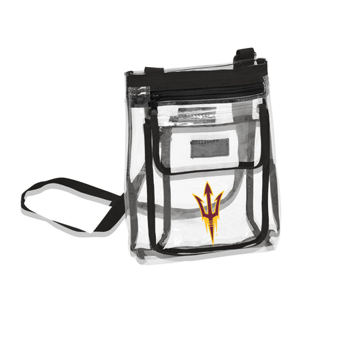 Arizona State Gameday clear crossbody bag by Logo Brands, showing a transparent design with ASU logo and adjustable strap.