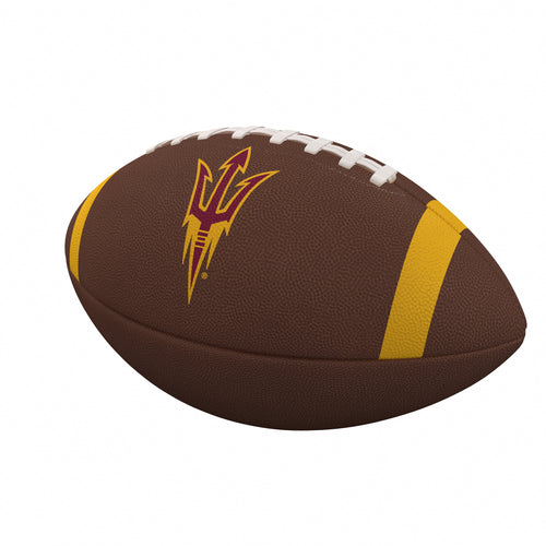 Arizona State Team Stripe official-size composite football by Logo Brands, featuring team colors and stripe design on a playing field.