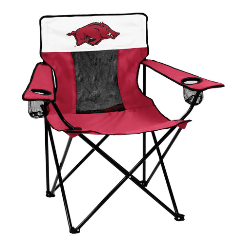 Arkansas Elite Logo Brands furniture chair with cushioned seat and backrest, black upholstery, and sturdy metal frame.