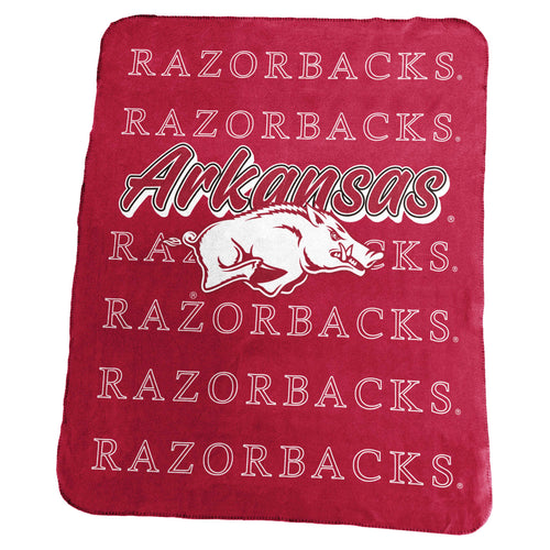 Arkansas Classic Repeating Team Name fleece throw blanket by Logo Brands, featuring Arkansas Razorbacks logo and team colors.
