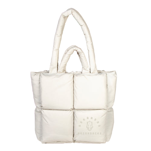 Arkansas Puff Tote bag by Logo Brands featuring a padded, quilted design with Arkansas Razorbacks logo and team colors.