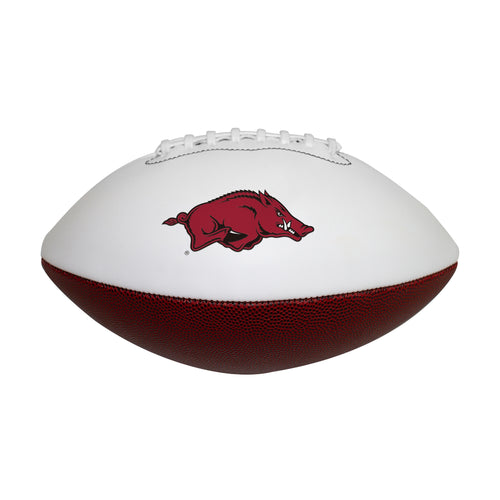 Official Arkansas autograph football by Logo Brands, recreation-sized leather football with signature space, suitable for collectors.
