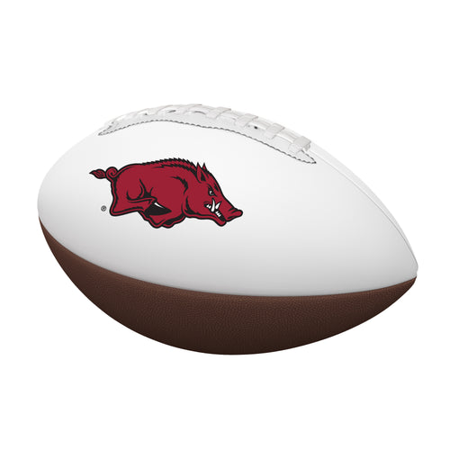 Arkansas Mini Autograph Football by Logo Brands for recreation, featuring team logo and space for autographs on the leather surface.
