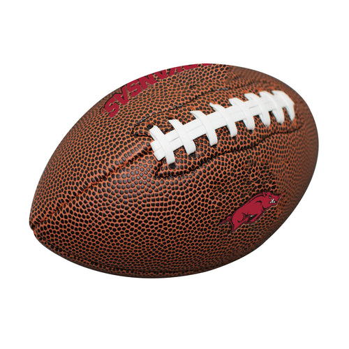 Arkansas Mini Size Composite Football by Logo Brands, designed for recreation, shown in close-up with detailed stitching and logo.