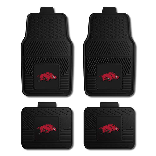 University of Arkansas 4-piece vinyl car mat set with logo branding, including front and rear auto mats with Arkansas Razorbacks logo.