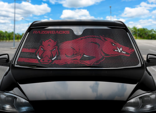 University of Arkansas auto shade by Logo Brands, featuring team logo and colors, designed to block sunlight from car windows.