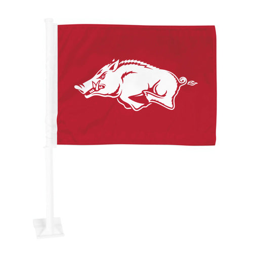 University of Arkansas car flag auto flag by Logo Brands, featuring the Arkansas Razorbacks logo on a vibrant fabric flag.