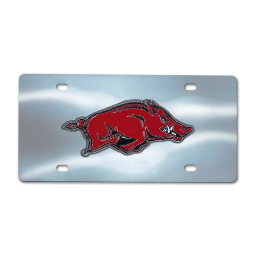 University of Arkansas chrome diecast license plate with Arkansas Razorbacks logo and branding, designed for vehicle display.