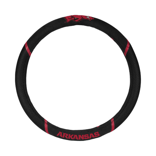 University of Arkansas logo steering wheel cover by Logo Brands, auto cover with university team logo on black material