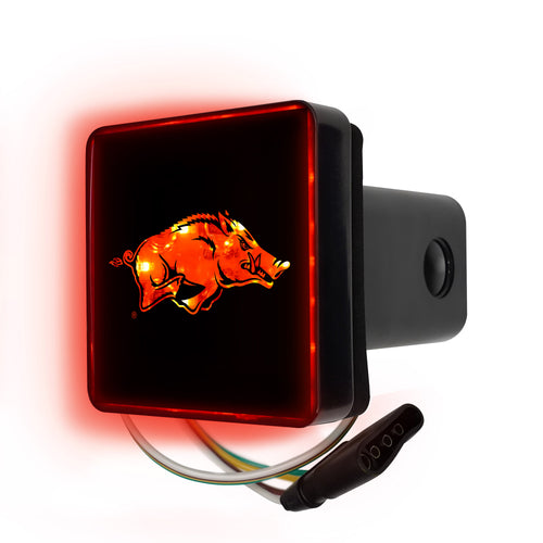University of Arkansas lighted hitch cover by Logo Brands, featuring Arkansas Razorbacks logo and LED lighting for vehicle hitch.