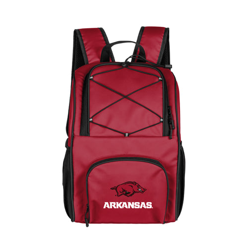 Arkansas 24 Can Flex Backpack Cooler by Logo Brands showing insulated cooler with adjustable straps and Arkansas Razorbacks logo