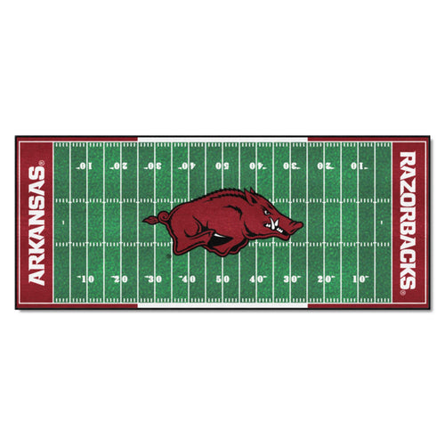University of Arkansas football field runner mat by Logo Brands, featuring team logo and field design, ideal for sports fans.