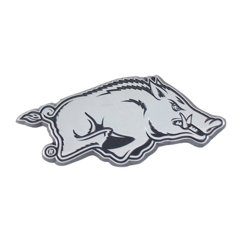 University of Arkansas chrome emblem by Logo Brands, featuring the school logo on a shiny chrome finish for vehicle or apparel display