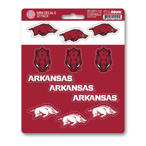 Set of 12 University of Arkansas mini decals featuring the Arkansas Razorbacks logo, suitable for decorating surfaces.