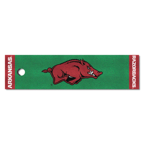 University of Arkansas logo putt green mat with university branding, durable golf practice mat for indoor and outdoor use.