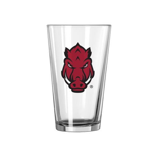 Arkansas 16oz Logo Pint Glass showing the Arkansas Razorbacks logo on clear drinkware by Logo Brands.