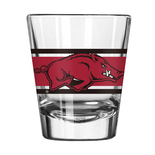 Arkansas 2oz stripe shot glass from Logo Brands, clear drinkware with blue and white stripe design for beverages.
