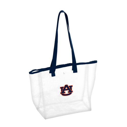 Auburn Stadium clear tote bag with orange handles, transparent design, and Auburn logo for stadium security and fan use.