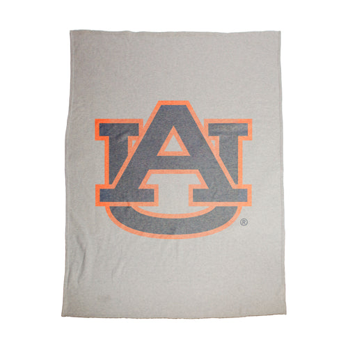 Auburn oversized logo sublimated sweatshirt blanket with Auburn logo and team colors, made by Logo Brands, shown folded on a surface.