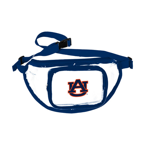 Auburn clear fanny pack from Logo Brands featuring a transparent design with Auburn team logo, adjustable strap, and zip closure.