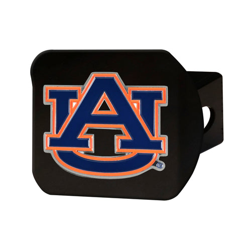 Auburn University black hitch cover with orange and navy logo, designed for vehicle trailer hitches, by Logo Brands.