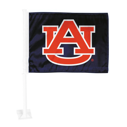 Auburn University auto flag with orange and blue logo design, attached to a car window for showing school support.