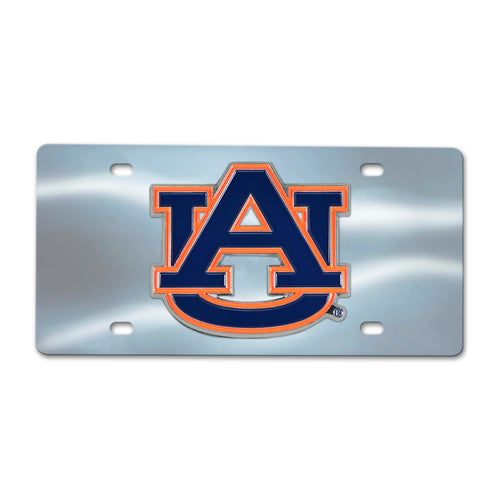 Auburn University chrome diecast license plate by Logo Brands with Auburn logo and university name on a shiny metal surface.