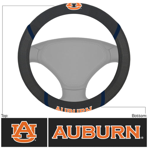 Auburn University Logo Brands steering wheel cover on a car steering wheel, featuring orange and navy colors with university logo.