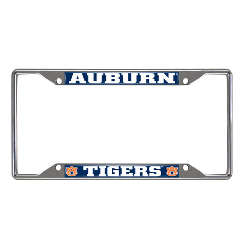 Auburn University chrome license plate frame with logo branding, designed to fit standard vehicle license plates.